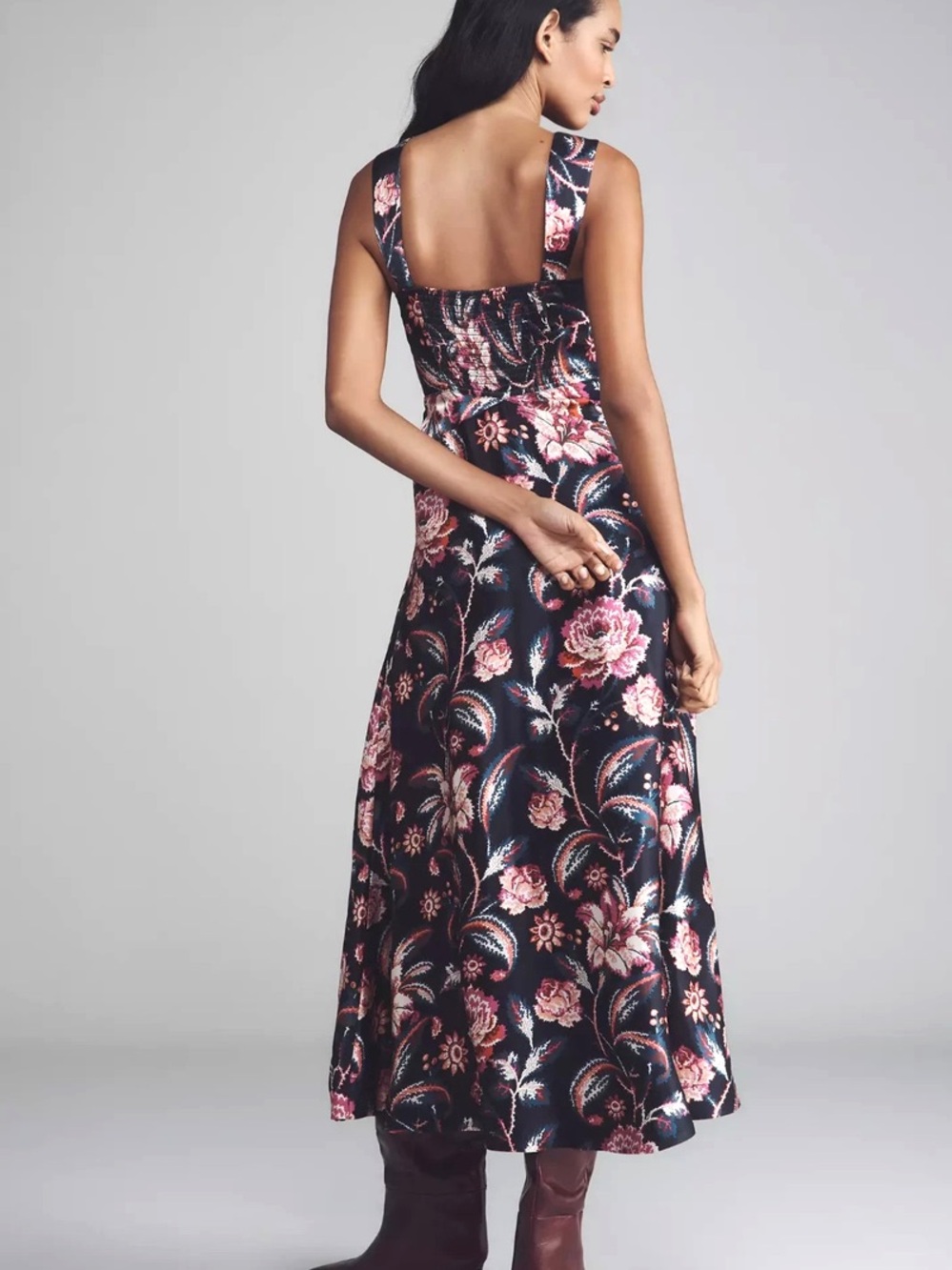 NWT Maeve Floral Satin Midi Dress with Pink Bouquet Print Anthropologie - Picture 2 of 9